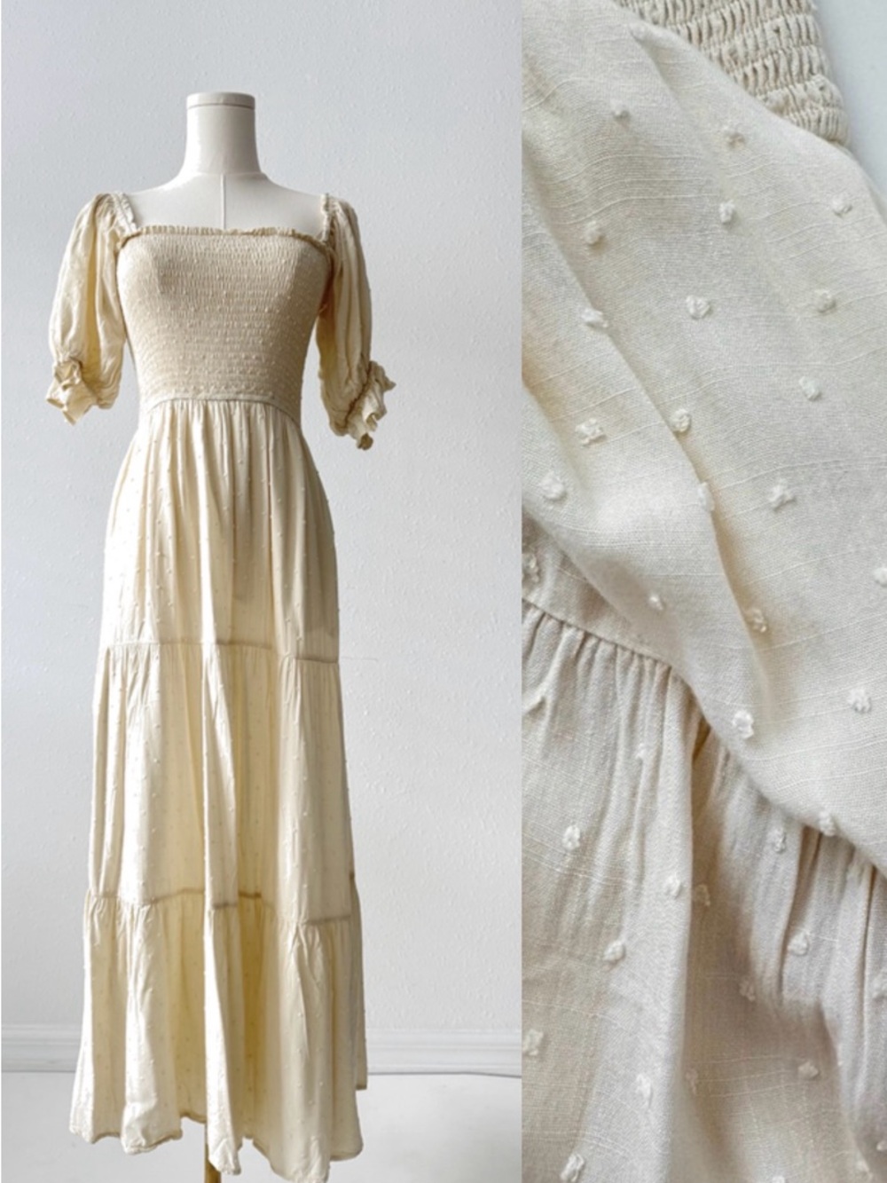 Cream Smocked Midi Dress Cottagecore Puff Sleeve Boho Swiss Dot Tiered Romantic - Picture 1 of 8